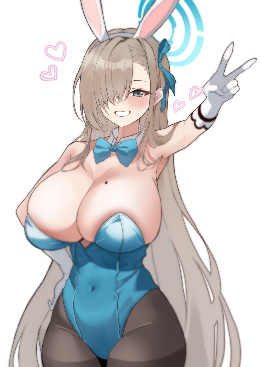 1girl animal_ears armpits asuna_(blue_archive) asuna_(bunny)_(blue_archive) black_pantyhose blue_archive blue_bow blue_eyes blue_leotard blush bow breasts cleavage covered_navel cowboy_shot detached_collar fake_animal_ears gloves grin hair_over_one_eye heart highres large_breasts leotard light_brown_hair long_hair looking_at_viewer mole mole_on_breast naseul_777 official_alternate_costume pantyhose rabbit_ears simple_background smile solo strapless strapless_leotard v white_background white_gloves