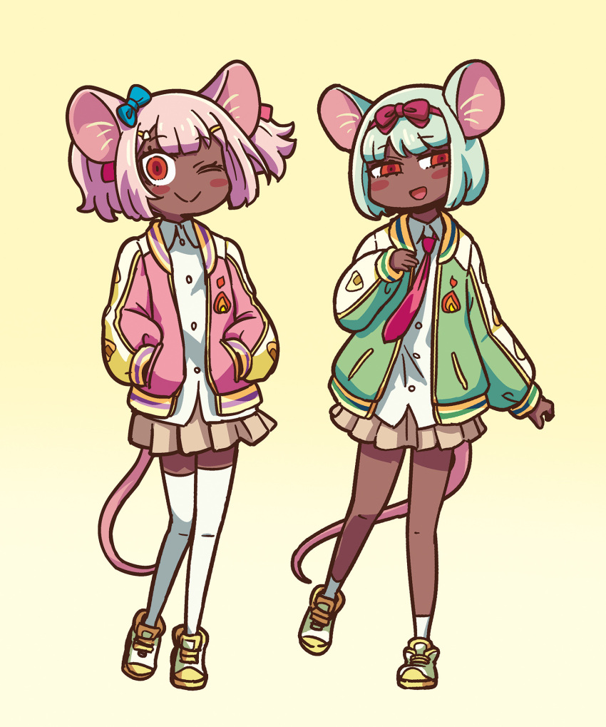 2girls animal_ears blue_bow blush bow coat collared_shirt daikokuten_(fate) dark-skinned_female dark_skin fate/grand_order fate_(series) gradient_background green_coat hair_bow hands_in_pockets highres learning_with_manga!_fgo long_sleeves looking_at_viewer mouse_ears mouse_girl mouse_tail multiple_girls necktie official_alternate_costume official_art one_eye_closed pink_coat red_bow red_eyes red_necktie riyo_(lyomsnpmp) shirt shoes short_hair skirt smile sneakers socks tail thighhighs twintails white_hair white_shirt white_socks white_thighhighs