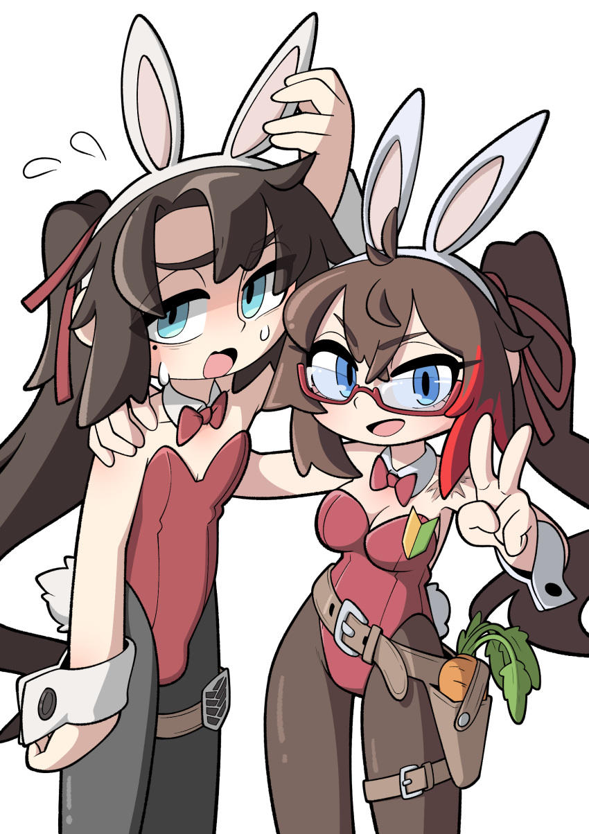 1boy 1girl absurdres ahoge animal_ears arm_around_shoulder arm_up armedrabbit black_pantyhose blue_eyes bow bowtie breasts brown_hair brown_pantyhose carrot cleavage commander_(girls'_frontline) commission detached_collar fake_animal_ears fake_tail female_commander_(girls'_frontline) flying_sweatdrops girls'_frontline glasses griffin_&amp;_kryuger hair_between_eyes hands_up highres holster large_breasts leotard long_hair looking_at_viewer mole mole_under_eye non-web_source open_mouth otoko_no_ko pantyhose playboy_bunny ponytail rabbit_ears rabbit_tail red-framed_eyewear red_bow red_bowtie red_leotard red_ribbon ribbon scar second-party_source semi-rimless_eyewear sidelocks simple_background sweat tail thigh_holster thigh_strap v very_long_hair white_background wrist_cuffs