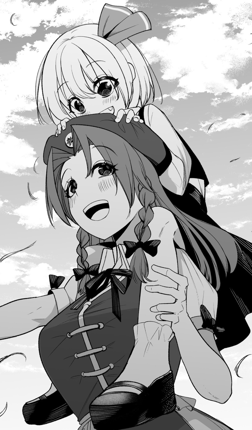 2girls beret blush braid cloud cloudy_sky commentary_request fang greyscale hair_ribbon hand_on_another's_leg hands_on_another's_head hat hat_ornament highres hong_meiling long_hair long_sleeves mary_janes monochrome multiple_girls neck_ribbon nodoguro_(phi-tan) open_mouth ribbon rumia shoes short_hair short_sleeves sitting_on_shoulder skirt sky sleeve_bow smile socks star_(symbol) star_hat_ornament teeth touhou twin_braids upper_teeth_only vest