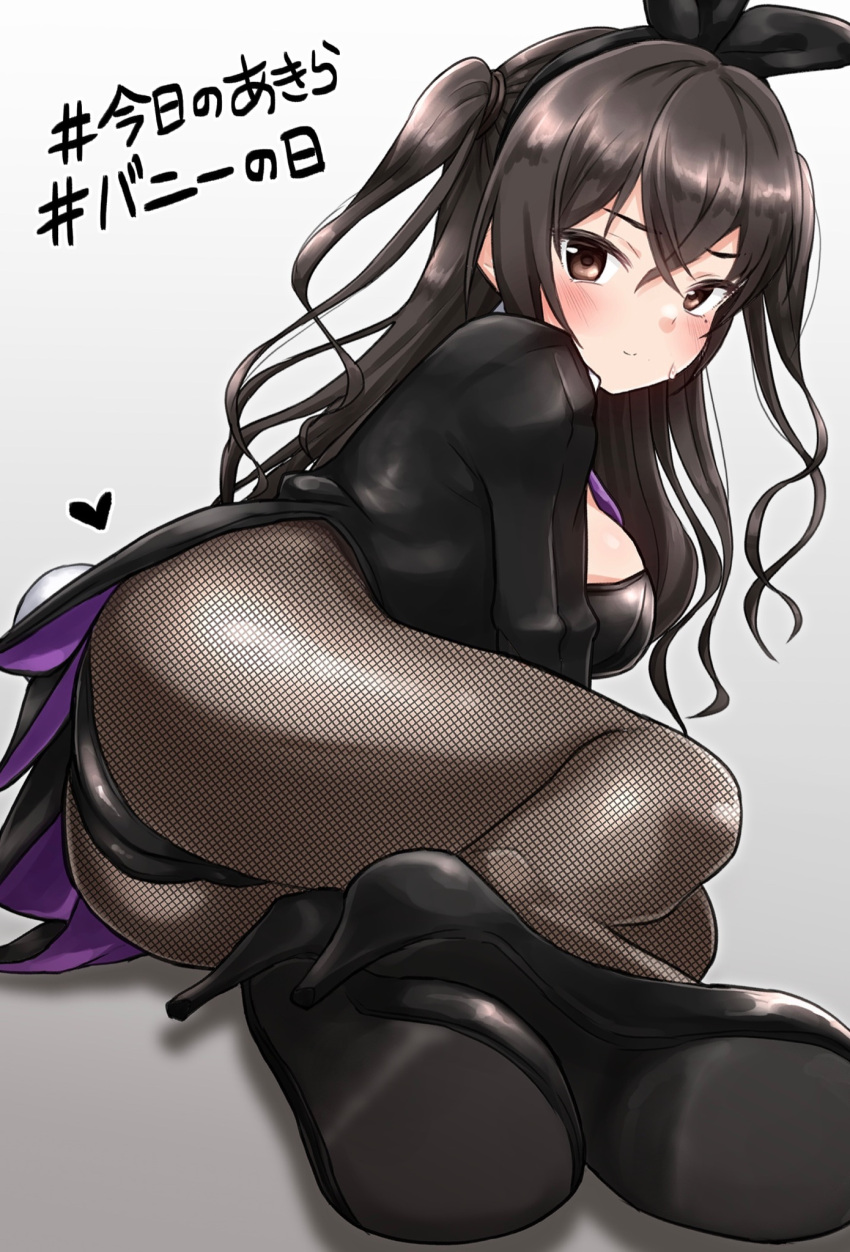 1girl black_jacket dokudoku913 fishnet_pantyhose fishnets highres idolmaster idolmaster_cinderella_girls jacket looking_at_viewer looking_back lying on_side pantyhose playboy_bunny sunazuka_akira