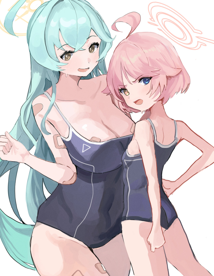2girls absurdres abydos_high_school_swimsuit ahoge ass bad_anatomy bare_arms bare_legs bare_shoulders black_one-piece_swimsuit blue_archive blue_eyes blush breasts cleavage ggab0621 green_hair hair_between_eyes halo highres hoshino_(blue_archive) hoshino_(young)_(blue_archive) huge_ahoge large_breasts long_hair multiple_girls one-piece_swimsuit open_mouth pink_hair pink_halo school_swimsuit short_hair simple_background small_breasts swimsuit white_background yellow_eyes yellow_halo yume_(blue_archive)
