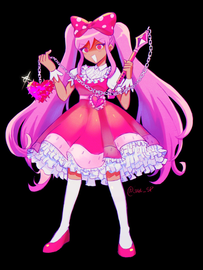 1girl absurdres ball_and_chain_(weapon) bow breasts broken_heart commentary dark-skinned_female dark_skin dress frilled_dress frills full_body guruo_(gur_sp) hair_bow heart highres holding_flail kneehighs long_hair medium_breasts medium_dress omori pink_bow pink_dress pink_eyes pink_hair polka_dot polka_dot_bow sidelocks socks solo spiked_ball_and_chain sweetheart_(omori) twitter_username v-shaped_eyebrows very_long_hair white_socks