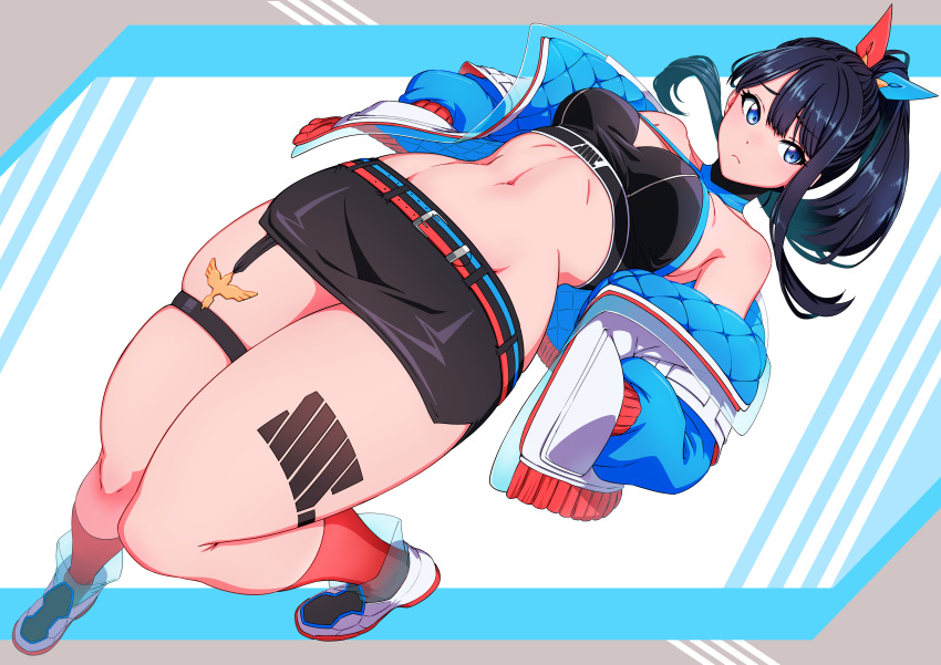 1girl absurdres aduti_momoyama bare_shoulders belt black_hair black_skirt blue_eyes blue_jacket commentary_request crop_top foreshortening gridman_universe gridman_universe_(film) hair_ribbon hands_in_pockets highres jacket leg_tattoo long_sleeves looking_at_viewer midriff miniskirt navel off_shoulder official_alternate_costume open_clothes open_jacket pencil_skirt ponytail ribbon shoes simple_background skindentation skirt sneakers solo sports_bra ssss.gridman stomach takarada_rikka tattoo thick_thighs thigh_strap thighs