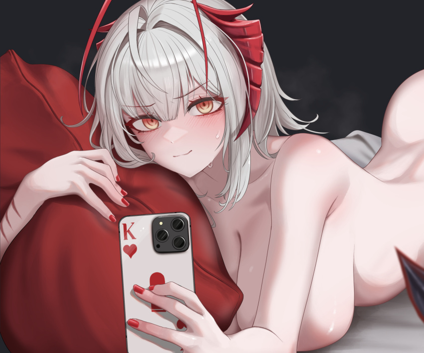 1girl absurdres arknights breasts cellphone commentary_request convenient_arm grey_hair highres holding holding_phone horns large_breasts looking_at_viewer mildt nude phone short_hair smartphone smile solo w_(arknights) yellow_eyes