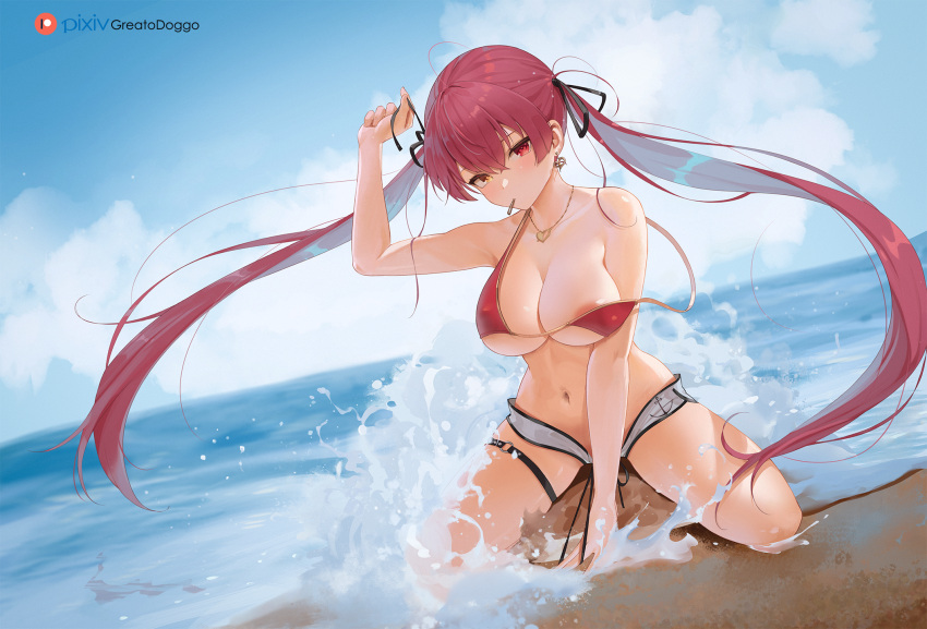 1girl areola_slip arm_up beach bikini blue_sky breasts cloud day dolphin_shorts earrings floating_hair full_body greatodoggo hair_ribbon heterochromia highres hololive houshou_marine jewelry large_breasts long_hair looking_at_viewer mouth_hold necklace ocean outdoors red_eyes red_hair ribbon sand shorts sky solo swimsuit thigh_strap thighs twintails untied untied_bikini very_long_hair virtual_youtuber wardrobe_malfunction waves yellow_eyes