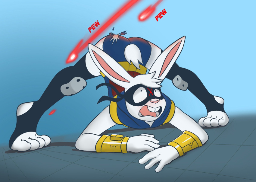 anthro ass_up blush buckteeth butt clothing digital_media_(artwork) embarrassed hi_res introvertedpooch jack-o'_pose lagomorph laser leporid male mammal pose rabbit solo teeth torn_clothing vader_(introvertedpooch)