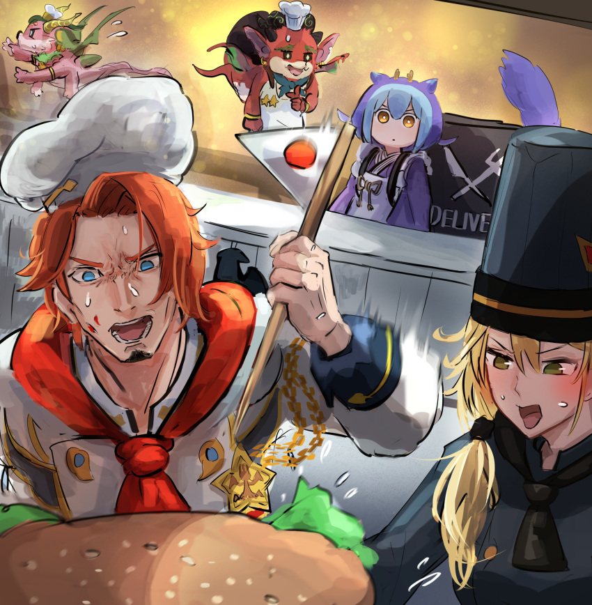 apron blonde_hair blue_eyes blue_hair bread_bun breasts buerillabaisse_de_nouvelles burger chef chef_hat confiras_de_nouvelles demon dinner dragon_girl dragon_horns dragon_tail dress duel_monster fast_food food hat hatano_kiyoshi highres holding holding_food horns hungry_burger japanese_flag laundry_dragonmaid lettuce long_hair long_sleeves looking_at_viewer maid maid_apron mini_flag multicolored_hair multiple_girls open_mouth poissoniere_de_nouvelles red_hair short_hair tail teeth wa_maid yellow_eyes yu-gi-oh!