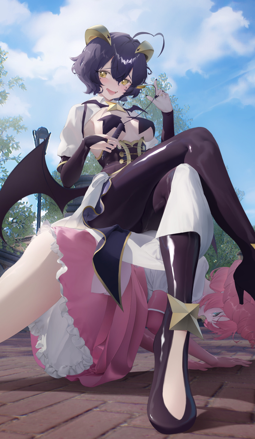 2girls absurdres ahoge all_fours black_hair black_pasties breastless_clothes corset cross-shaped_pupils cross_facial_mark cross_pasties crossed_legs day demon_wings dingding_(chongsangjun) elbow_gloves feet_out_of_frame fold-over_gloves foot_out_of_frame frilled_skirt frills gloves green_eyes highres hiiragi_utena holding_riding_crop horns lamppost legs low_wings magia_baiser magia_magenta magical_girl mahou_shoujo_ni_akogarete multiple_girls outdoors pants pasties pink_gloves pink_hair pink_skirt purple_corset purple_pants short_hair showgirl_skirt sitting sitting_on_person skirt symbol-shaped_pupils white_shrug wings yellow_eyes yellow_horns