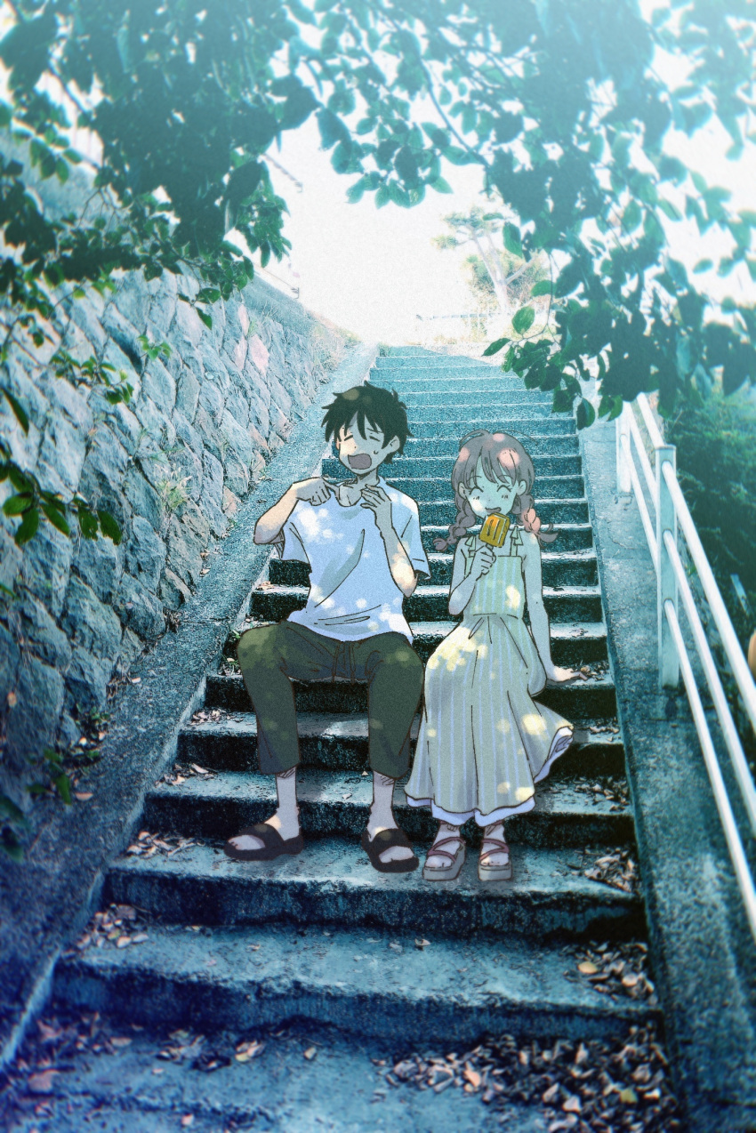 1boy 1girl ^_^ arm_rest bare_arms bare_shoulders black_hair braid brown_footwear casual closed_eyes collarbone dappled_sunlight day dress eating flip-flops foliage food full_body futase_aine grey_pants highres holding holding_food karappo_no_aine leaf low_twintails maria_komaki medium_hair open_mouth outdoors pants photo_background pink_footwear pink_hair pinstripe_dress pinstripe_pattern popsicle popsicle_stick railing sandals shirt short_hair short_sleeves sitting sitting_on_stairs sleeveless sleeveless_dress smile spaghetti_strap stairs stone stone_stairs striped sunlight sweat t-shirt tree twin_braids twintails two-tone_footwear white_dress white_shirt yawning yoshiki_ritsu