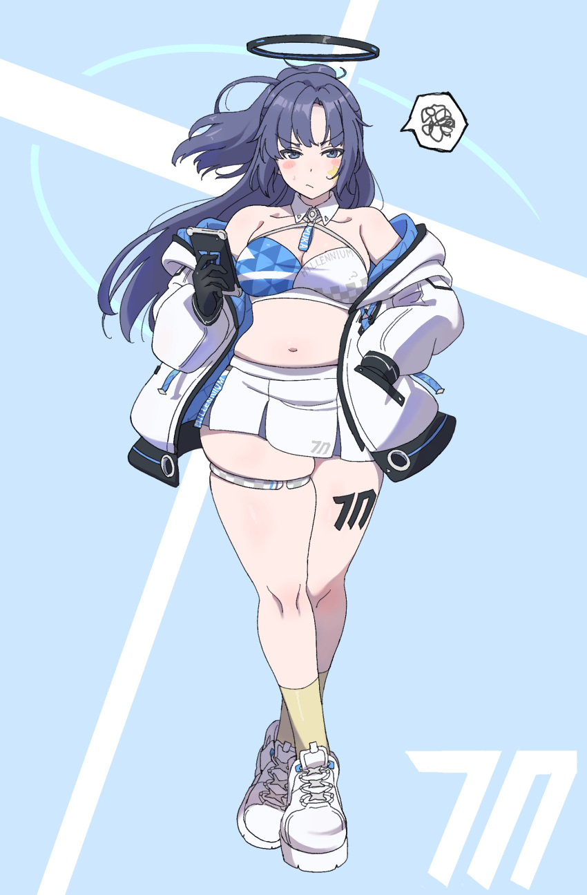 1girl absurdres blue_archive blue_eyes blush breasts cellphone cheerleader crop_top curvy halo highres holding holding_phone jacket karaage53ko leg_tattoo long_hair mechanical_halo millennium_cheerleader_outfit_(blue_archive) millennium_science_school_logo navel phone purple_eyes purple_hair shoes skirt smartphone sneakers socks sticker_on_face tattoo thick_thighs thigh_strap thighs yellow_socks yuuka_(blue_archive)