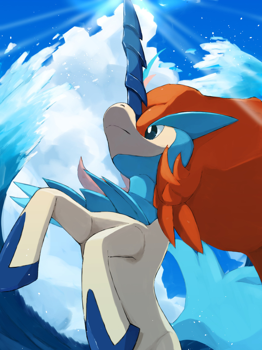 black_eyes bright_pupils closed_mouth cloud commentary day frown highres keldeo kou11021301 no_humans outdoors pokemon pokemon_(creature) sky solo symbol-only_commentary water white_pupils