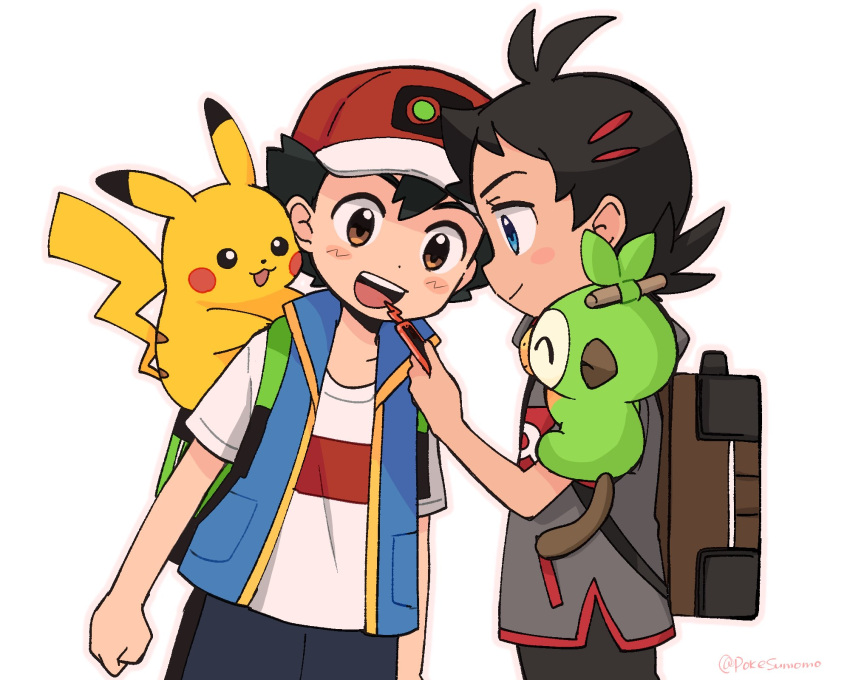 2boys :d ash_ketchum backpack bag black_hair blue_eyes blue_vest blush_stickers brown_eyes closed_mouth commentary goh_(pokemon) green_bag grey_shirt grookey hat highres holding holding_phone male_focus multiple_boys open_clothes open_mouth open_vest phone pikachu pokemon pokemon_(anime) pokemon_(creature) pokemon_journeys pokesumomo red_headwear shirt short_hair short_sleeves shorts smile symbol-only_commentary t-shirt teeth tongue upper_teeth_only vest white_background white_shirt