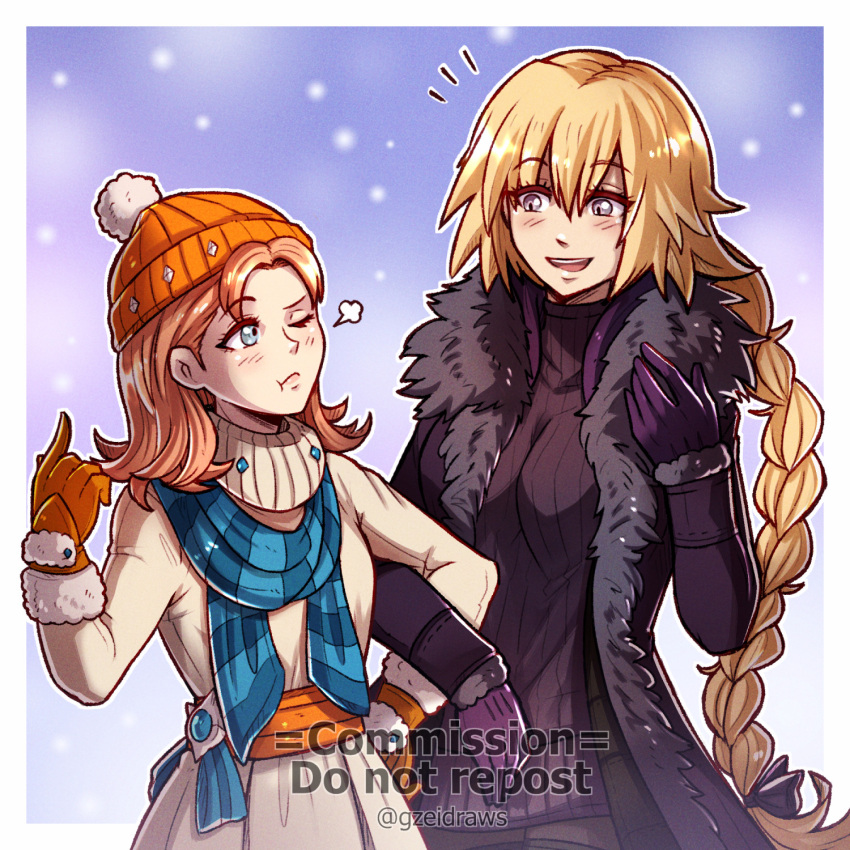 2girls :d ;t annette_fantine_dominic black_coat black_dress blonde_hair blue_eyes blue_scarf coat commentary_request dress fate/apocrypha fate_(series) fire_emblem fire_emblem:_three_houses fur-trimmed_coat fur_trim gloves grey_dress gzei hand_up highres jeanne_d'arc_(fate) long_braid long_hair long_sleeves looking_at_another multiple_girls open_mouth orange_gloves orange_hair orange_headwear orange_sash puff_of_air purple_gloves scarf smile upper_body very_long_hair