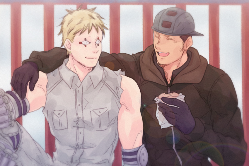 2boys aikawa_(dorohedoro) arm_around_shoulder bare_shoulders black_hair blonde_hair blurry bokeh colored_tips depth_of_field dorohedoro eating facial_mark happy male_focus medium_sideburns multicolored_hair multiple_boys no_eyebrows risu_(dorohedoro) side-by-side smile thick_eyebrows toned toned_male torn_clothes torn_sleeves upper_body zadako_(zadakoland)