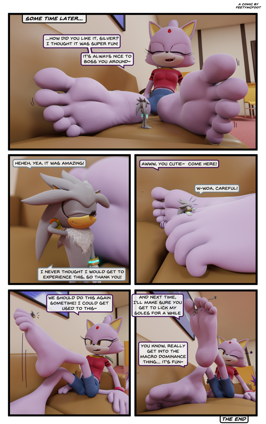 5_toes absurd_res anthro barefoot between_toes blaze_the_cat comic dialogue duo english_text feet feetymcfoot female foot_fetish foot_focus foot_play hi_res humanoid_feet male male/female micro plantigrade sega silver_the_hedgehog soles sonic_the_hedgehog_(series) speech_bubble text toes