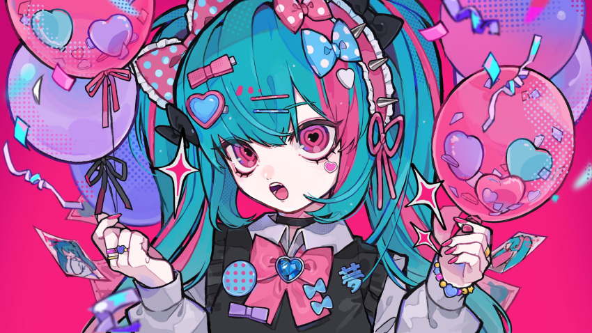 1girl aqua_bow aqua_hair balloon black_bow black_choker black_vest bow bowtie bracelet choker facial_mark frilled_hairband frills hair_ornament hairband hairclip hatsune_miku heart heart-shaped_pupils heart_facial_mark heart_hair_ornament highres holding holding_balloon jewelry jirai_kei jpeg_artifacts long_hair long_sleeves looking_at_viewer multicolored_hair nail_polish open_mouth photo_(object) pink_background pink_bow pink_bowtie pink_eyes pink_hair pink_nails polka_dot polka_dot_bow puffy_long_sleeves puffy_sleeves simple_background solo spiked_hairband spikes streaked_hair symbol-shaped_pupils tira_27 upper_body vest vocaloid