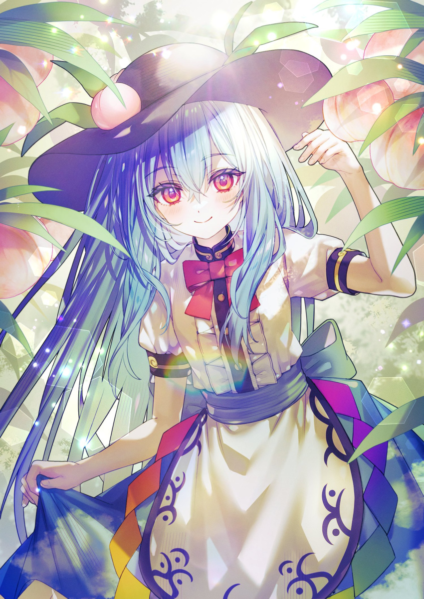 1girl apron black_headwear blue_hair blue_skirt bow bowtie center_frills closed_mouth commentary_request cowboy_shot food frills fruit fruit_hat_ornament hand_up hat hat_leaf here_(hr_rz_ggg) highres hinanawi_tenshi leaf long_hair looking_at_viewer peach peach_hat_ornament rainbow_order red_bow red_bowtie red_eyes shirt short_sleeves skirt skirt_hold smile solo touhou very_long_hair white_apron white_shirt