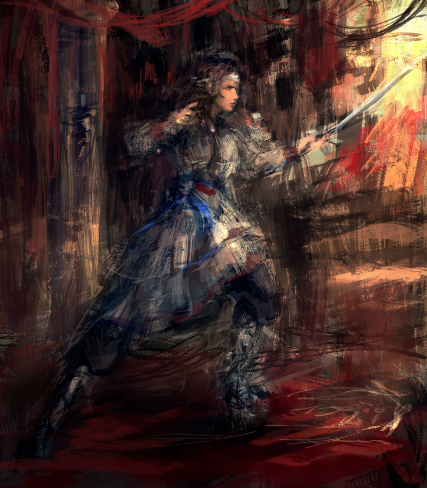 1girl a_song_of_ice_and_fire absurdres all_lee24 arya_stark breasts brown_hair circlet dress graphite_(medium) highres holding holding_sword holding_weapon jewelry medium_breasts practicing rapier solo sword traditional_media training weapon white_dress