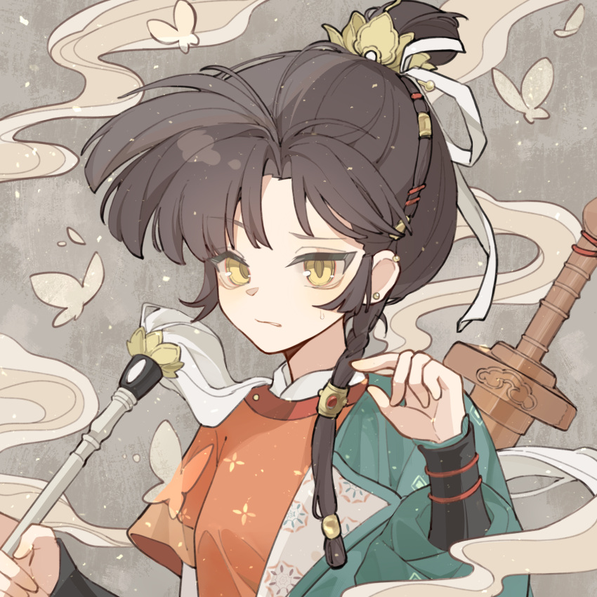 1girl :/ an-an_lee black_hair bug butterfly chinese_clothes duster green_robe grey_background hair_bun hands_up hanfu highres holding holding_duster jian_(weapon) long_hair looking_at_viewer official_alternate_costume raised_eyebrow red_shirt reverse:1999 robe shirt smoke solo sweat sword sword_behind_back tansuangai_fenmo uneven_eyes upper_body weapon yellow_eyes