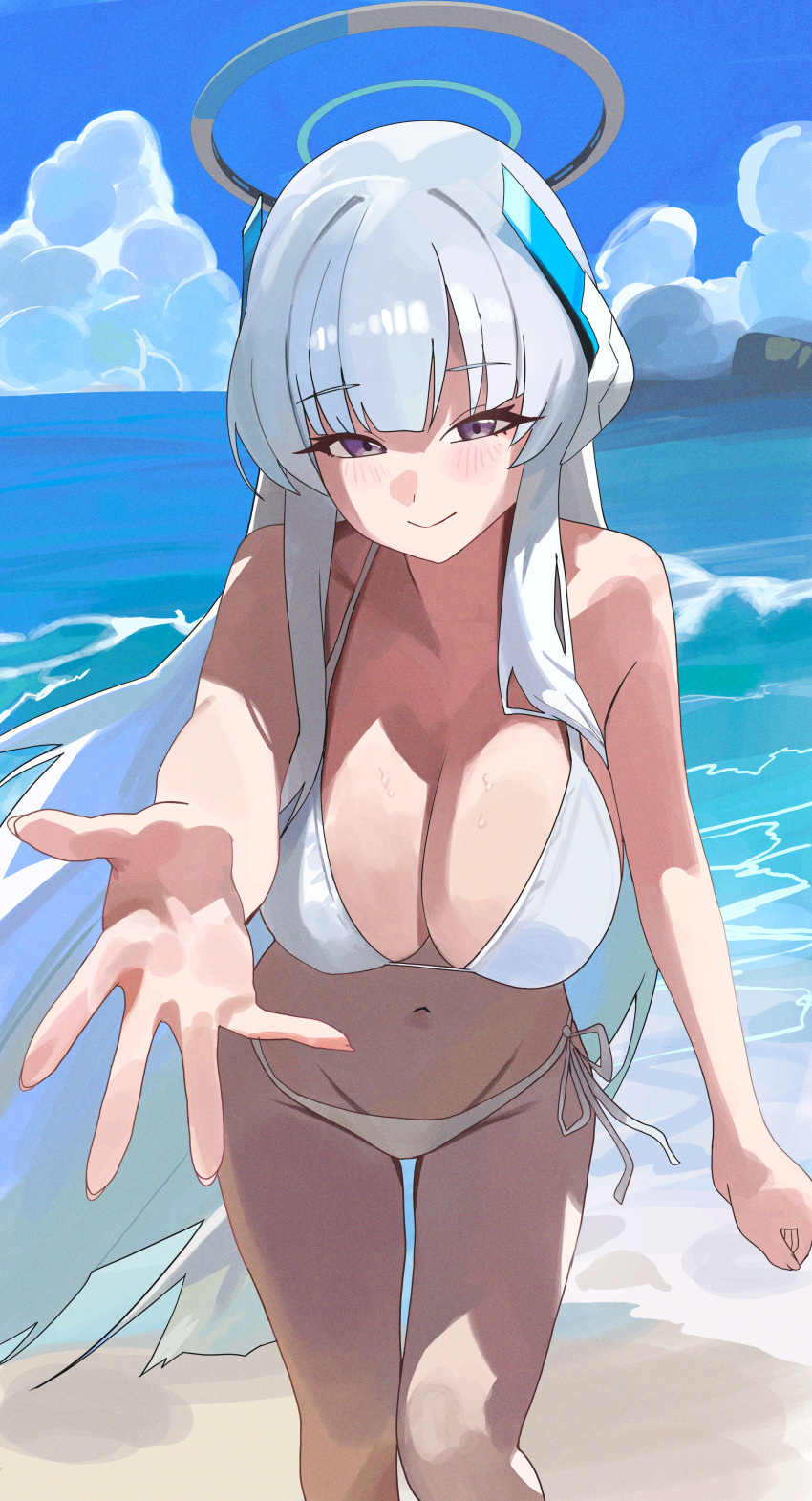 1girl absurdres bare_arms bare_legs bare_shoulders beach bikini blue_archive blush breasts cleavage closed_mouth day feet_out_of_frame grey_hair halo highres large_breasts long_hair looking_at_viewer mechanical_halo navel noa_(blue_archive) ocean outdoors purple_eyes reaching reaching_towards_viewer riel_(ataraxia2334) smile solo swimsuit white_bikini