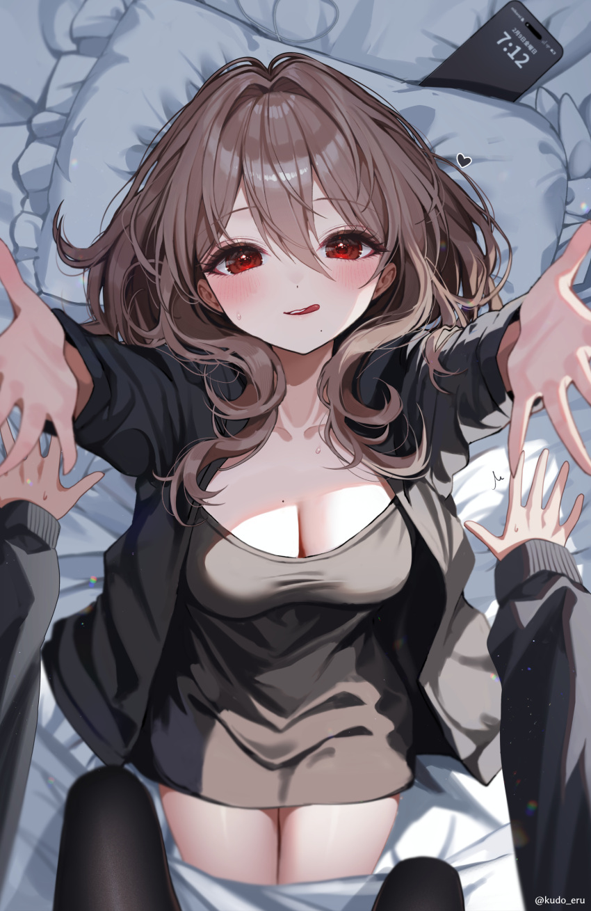 2girls absurdres black_shirt blush breasts brown_hair cellphone cleavage commentary_request female_pov from_above hair_between_eyes hair_intakes head_on_pillow heart highres jacket kudou_(sikisiki0000) large_breasts long_sleeves looking_at_viewer lying mole mole_on_breast mole_under_mouth multiple_girls on_back open_clothes open_jacket original out_of_frame outstretched_arms phone pillow pov reaching reaching_towards_viewer red_eyes shirt smartphone thighs tongue tongue_out yuri