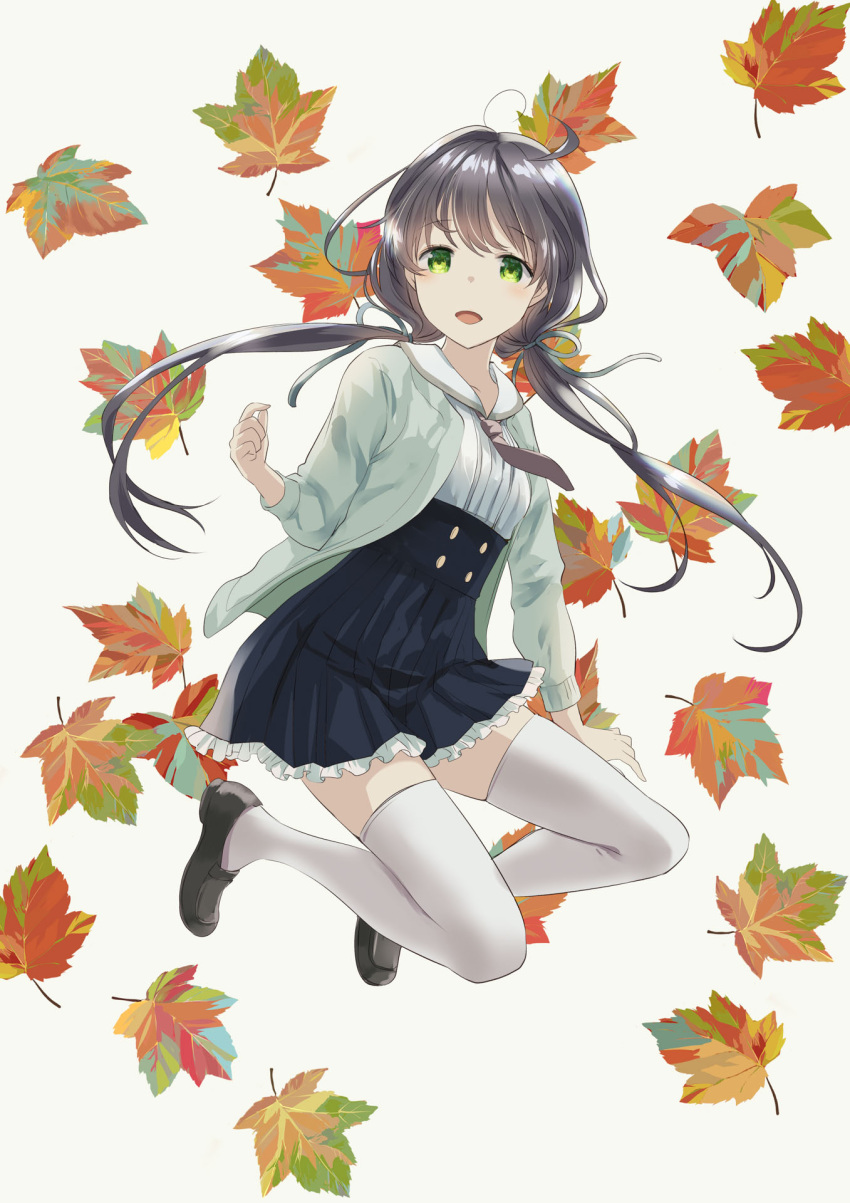 1girl :d autumn_leaves black_footwear black_hair black_skirt brown_necktie commentary_request floating_hair frilled_skirt frills full_body green_eyes grey_background grey_jacket highres jacket loafers looking_at_viewer low_twintails naruse_chisato necktie open_clothes open_jacket original pleated_skirt sailor_collar shirt shoes simple_background skirt smile solo thighhighs twintails white_sailor_collar white_shirt white_thighhighs