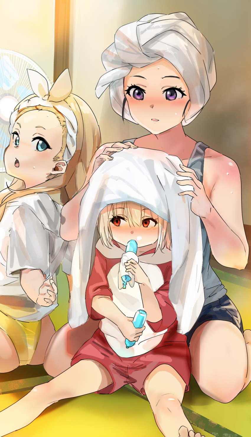 3girls aged_down bare_shoulders barefoot blonde_hair blue_eyes blue_shorts blush collarbone commentary_request drying drying_hair electric_fan food food_in_mouth funi_mu9 grey_tank_top hair_between_eyes hair_ribbon highres indoors inoue_takina kurumi_(lycoris_recoil) long_hair looking_at_another looking_at_viewer lycoris_recoil multiple_girls nishikigi_chisato open_mouth pajamas partial_commentary popsicle popsicle_in_mouth purple_eyes red_eyes red_pajamas ribbon shirt short_hair shorts sitting sweatdrop tank_top tatami towel towel_on_head wariza white_shirt white_towel