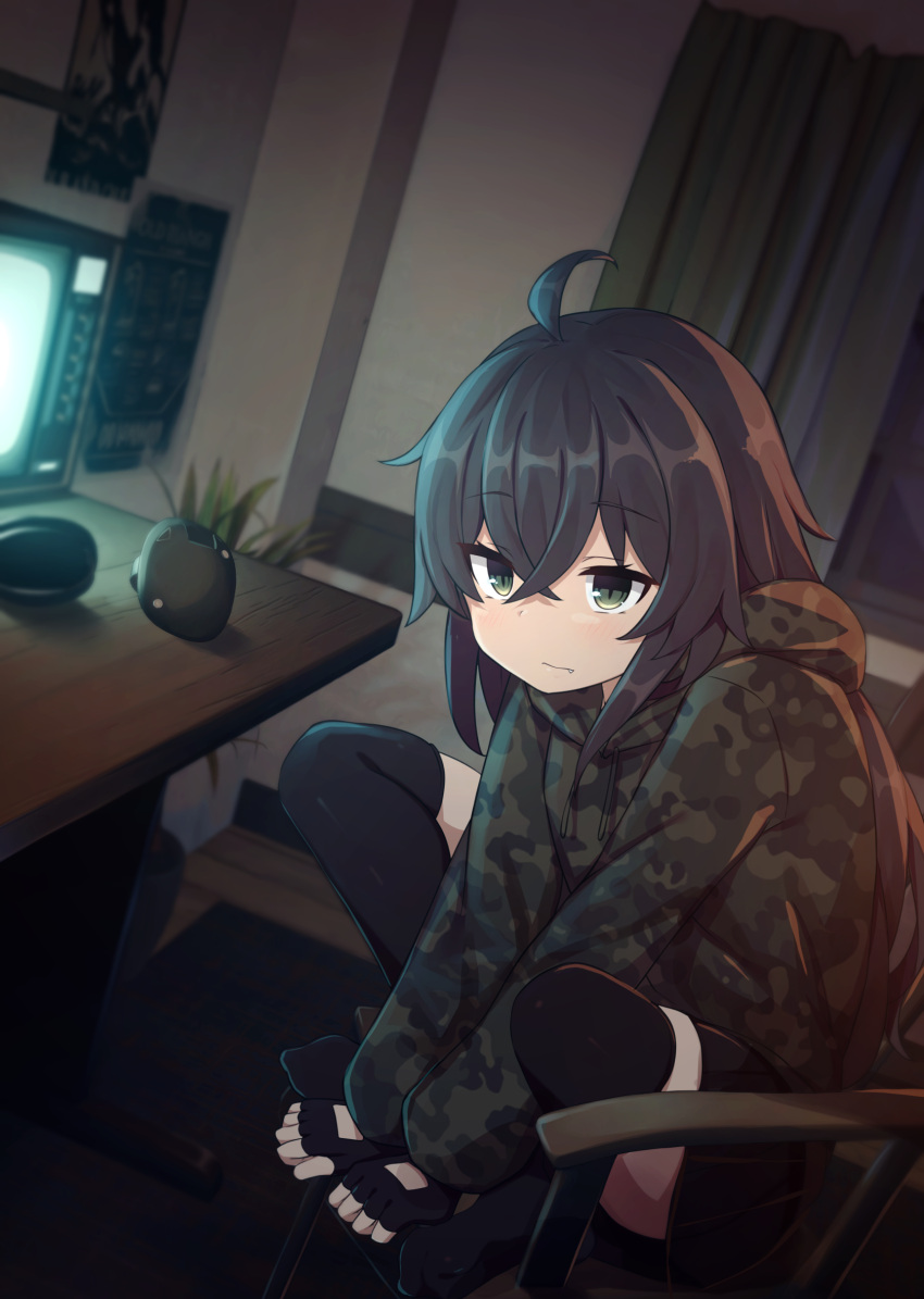 1girl ahoge bangs black_gloves black_hair black_thighhighs blurry camouflage_hoodie closed_mouth commentary_request commission crossed_bangs curtains dated_commentary depth_of_field facing_viewer fang fingerless_gloves flower_pot gloves green_eyes highres hood hood_down indoors light_blush long_bangs long_hair looking_afar on_chair original own_hands_together plant poster_(object) potted_plant shinopoko skeb_commission solo squatting table thighhighs window wooden_table