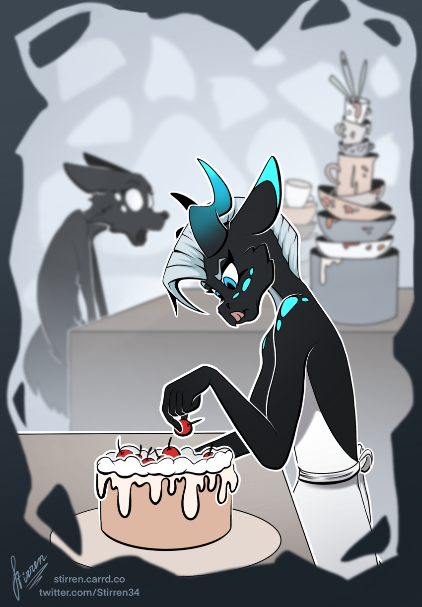 6_eyes anthro blurred_background cake canid canine cooking dessert dishes duo female food fox hi_res horn kitchen kitchen_utensils kobold male male/male mammal multi_eye open_mouth stirren stirren_(stirren) text tongue tongue_out tools url woon_(sixeyedfox)