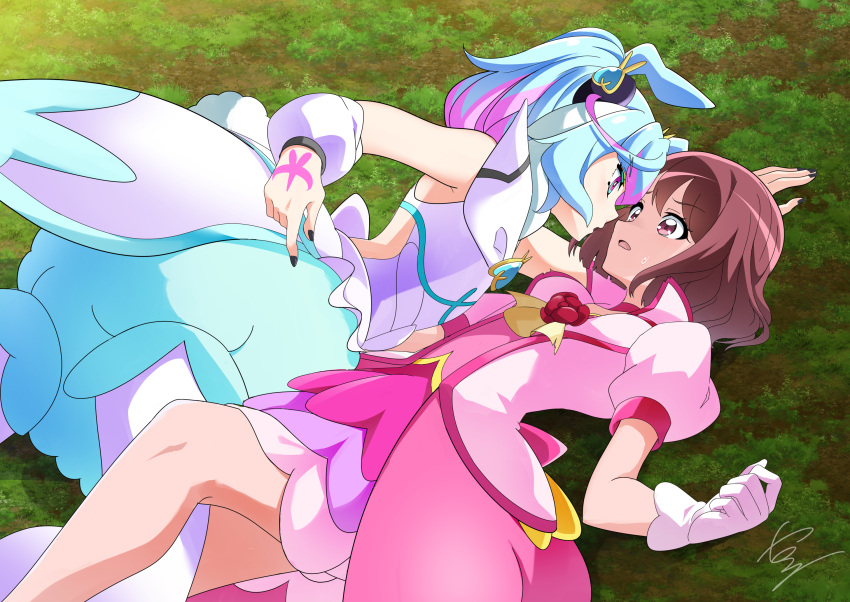2girls aqua_dress aqua_eyes artist_name ascot back_bow black_nails blue_hair bob_cut bow brooch brown_hair choker clothing_cutout commentary_request commission cure_grace cure_supreme detached_sleeves dress gloves grass hair_ornament hanadera_nodoka hand_tattoo healin'_good_precure highres jewelry looking_at_another lying magical_girl medium_dress medium_hair multicolored_eyes multicolored_hair multiple_girls on_back on_ground on_side open_mouth pantyhose partial_commentary pink_choker pink_dress pink_eyes pink_hair precure precure_all_stars_f preme_(precure) puffy_short_sleeves puffy_sleeves purple_eyes short_dress short_hair short_sleeves side_cutout signature skeb_commission sleeveless sleeveless_dress straddling sweatdrop tattoo tirofinire white_gloves white_pantyhose white_sleeves yellow_ascot