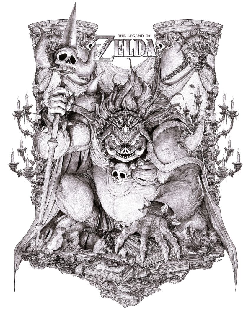 1boy blank_eyes book bracelet candlestand claws copyright_name dave_rapoza fat fat_man full_body ganon greyscale hatching_(texture) highres jewelry male_focus monochrome monster sharp_teeth shoulder_spikes skull solo spiked_bracelet spikes staff teeth the_legend_of_zelda tusks