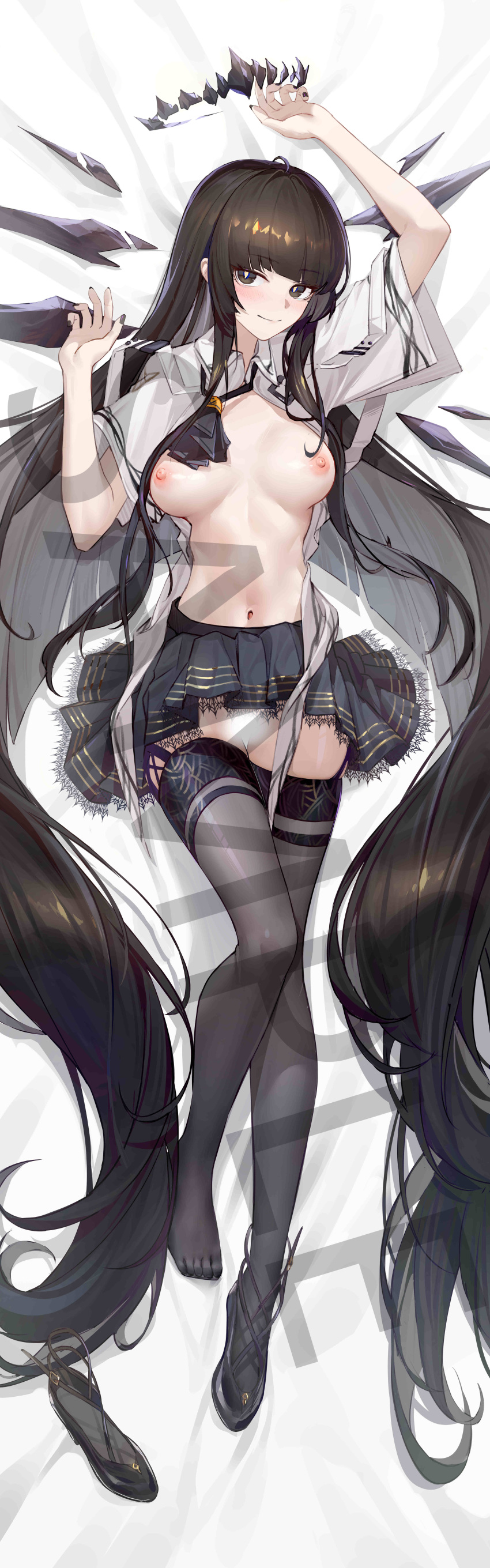 1girl absurdly_long_hair absurdres ahoge alternate_breast_size arknights arms_up ascot bed_sheet black_ascot black_eyes black_footwear black_garter_straps black_hair black_halo black_nails black_skirt black_thighhighs black_wings blunt_bangs blush breasts breasts_apart bright_pupils broken_halo censored chinese_commentary closed_mouth collared_jacket colored_inner_hair commentary_request dakimakura_(medium) dark_halo detached_wings energy_wings eyelashes feet fingernails from_above full_body garter_straps grey_hair hair_spread_out halo high_heels highres hime_cut incredibly_absurdres jacket knee_up knees lace-trimmed_skirt lace_trim large_breasts legs light_smile lips long_hair looking_at_viewer lying miniskirt mole mole_under_eye multicolored_hair nail_polish navel nipples no_shirt no_shoes on_back open_clothes open_jacket pale_skin pleated_skirt puffy_nipples sample_watermark saw272 see-through see-through_legwear shadow shiny_clothes shiny_legwear shiny_skin shoes short_sleeves sidelocks skirt slit_pupils solo stomach straight_hair strap strappy_heels thighhighs thighs toenails toes two-tone_hair unworn_shoes variant_set very_long_hair virtuosa_(arknights) watermark white_jacket white_pupils wide_sleeves wing_collar wings