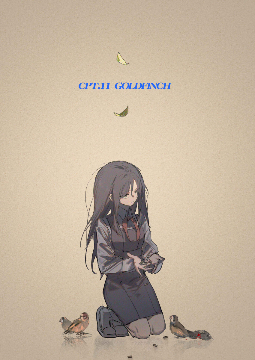 1girl absurdres aged_down american_goldfinch angelia_(girls'_frontline) black_dress black_hair blood blueblossom brown_eyes bullet collared_shirt commentary dead_animal dress english_commentary english_text falling_leaves full_body girls'_frontline highres holding holding_bullet kneeling leaf long_hair long_sleeves neckerchief red_neckerchief shirt simple_background solo white_footwear white_shirt