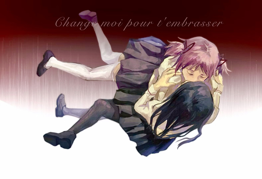 2girls akemi_homura black_footwear black_hair black_pantyhose black_skirt brown_background chinese_commentary closed_eyes commentary_request french_commentary french_text gradient_background juliet_sleeves kaname_madoka kiss long_hair long_sleeves mahou_shoujo_madoka_magica mahou_shoujo_madoka_magica_(anime) mixed-language_commentary multiple_girls pantyhose pink_hair pleated_skirt puffy_sleeves school_uniform shao_ziye shirt skirt thighhighs translation_request twintails white_background white_thighhighs yellow_shirt yuri