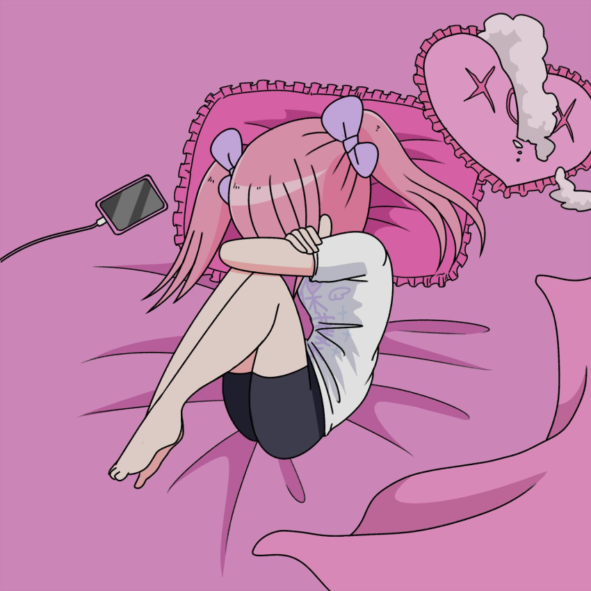 1girl barefoot bed_sheet black_shorts bow cellphone charger covering_face ezaki_bisuko fetal_position hair_bow hair_over_face highres lying menhera-chan_(ezaki_bisuko) menhera-chan_(ezaki_bisuko)_(character) official_art phone pillow pink_hair print_shirt purple_bow sad shirt short_twintails shorts smartphone solo twintails usb white_shirt