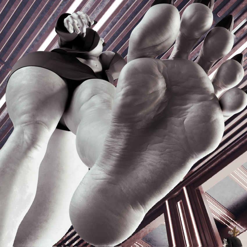 5_toes allandox anthro breasts clothed clothing dragon duo feet female foot_focus hi_res humanoid_feet low-angle_view micro plantigrade soles toes white_body worm's-eye_view