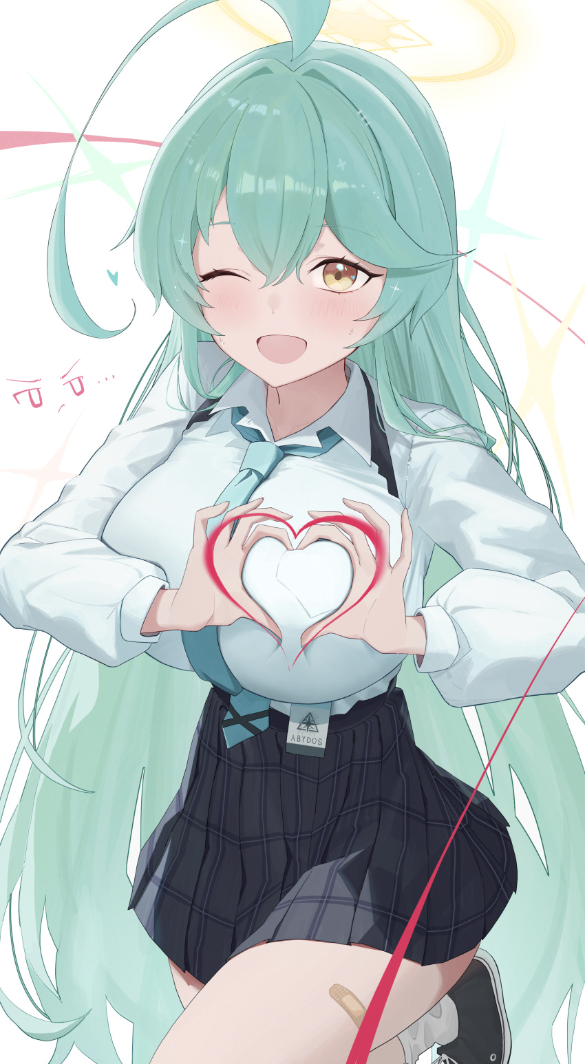 1girl ;d absurdres ahoge bandaid bandaid_on_leg black_skirt blue_archive blush breasts chest_harness edible_sus green_hair halo harness heart heart-shaped_boob_challenge heart_hands highres huge_ahoge huge_breasts id_card long_hair looking_at_viewer miniskirt one_eye_closed plaid plaid_skirt pleated_skirt school_uniform shirt shirt_tucked_in skirt smile solo standing standing_on_one_leg very_long_hair white_shirt yellow_eyes yume_(blue_archive)