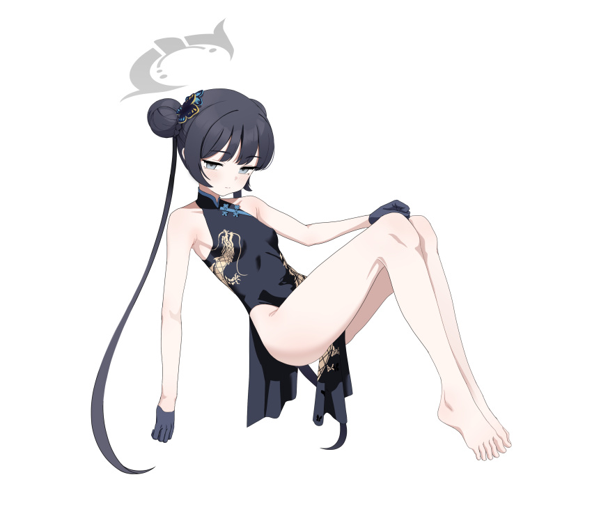 1girl absurdres bare_shoulders barefoot black_dress black_gloves blue_archive blush braid braided_bun breasts butterfly_hair_ornament china_dress chinese_clothes covered_navel double_bun dragon_print dress feet full_body gloves grey_eyes grey_halo hair_bun hair_ornament half_gloves halo highres kisaki_(blue_archive) long_hair looking_at_viewer masterpiece1182 no_panties pelvic_curtain print_dress simple_background sleeveless sleeveless_dress small_breasts solo toes white_background