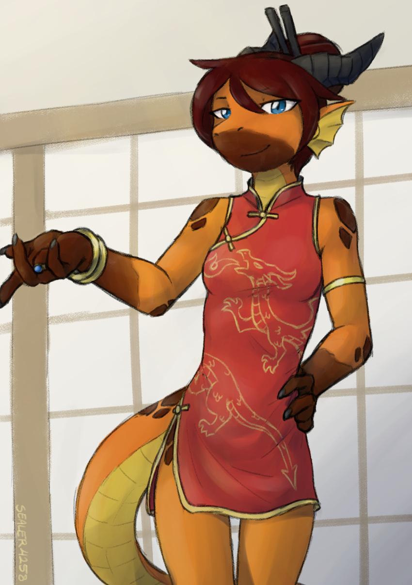 absurd_res anthro asian_clothing blue_eyes bracelet brown_hair chinese_clothing chinese_dress chinese_zodiac clothed clothing dragon dress east_asian_clothing female fin front_view hair hand_on_hip head_fin hi_res jewelry llyana_(sealer4258) orange_body orange_scales scales scalie sealer4258 slim smile solo year_of_the_dragon