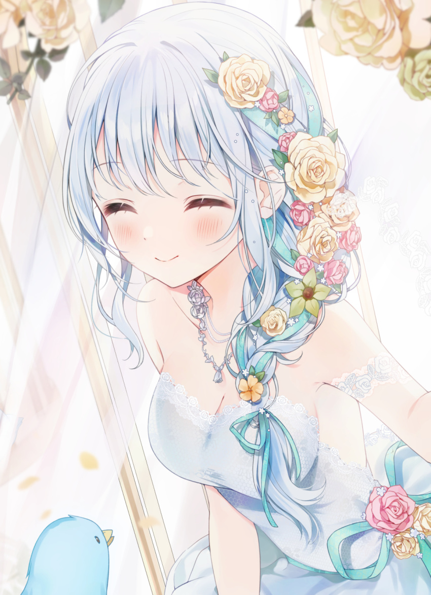 1girl a20_(atsumaru) aitsuki_nakuru bare_shoulders bird blue_bird blue_hair blush braid breasts cleavage closed_eyes closed_mouth dress flower green_ribbon hair_flower hair_ornament hair_ribbon highres jewelry la_priere light_blue_hair long_hair necklace ribbon rose smile solo strapless strapless_dress utaite wedding_dress yellow_flower