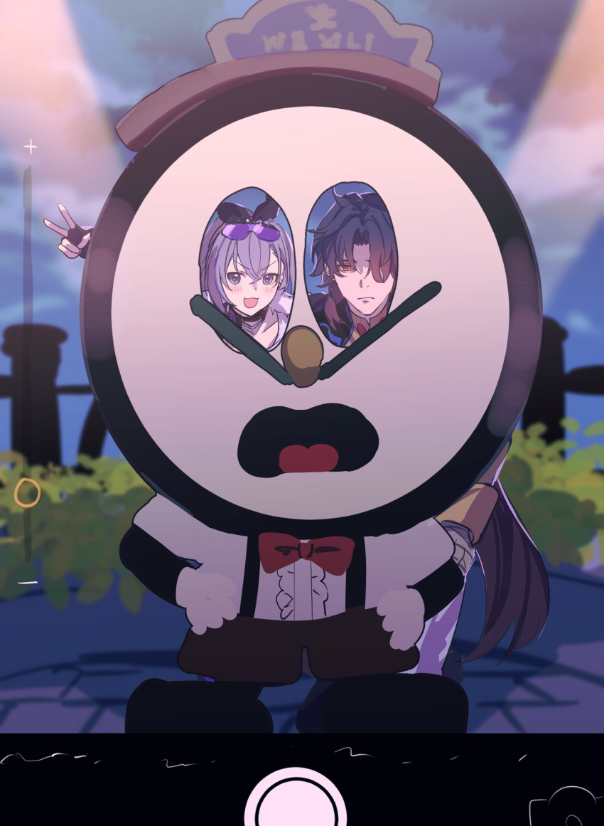 1boy 1girl :3 black_bow black_hair blade_(honkai:_star_rail) bow clockie_(honkai:_star_rail) closed_mouth collarbone double-parted_bangs eyewear_on_head fake_phone_screenshot fake_screenshot grey_hair hair_between_eyes hair_bow hair_over_one_eye highres honkai:_star_rail honkai_(series) long_hair parted_bangs photo_stand-in purple-tinted_eyewear purple_eyes red_eyes silver_wolf_(honkai:_star_rail) tinted_eyewear very_long_hair zassyoku_dd