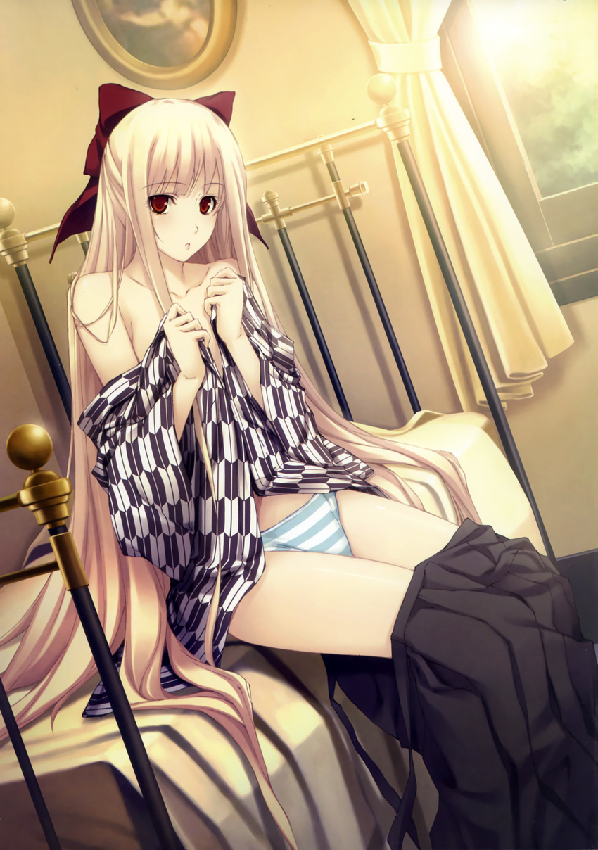 absurdres bed blonde_hair caucasus duplicate highres japanese_clothes long_hair nanatsuki_shion panties red_eyes sitting solo striped striped_panties sugina_miki underwear undressing yagasuri