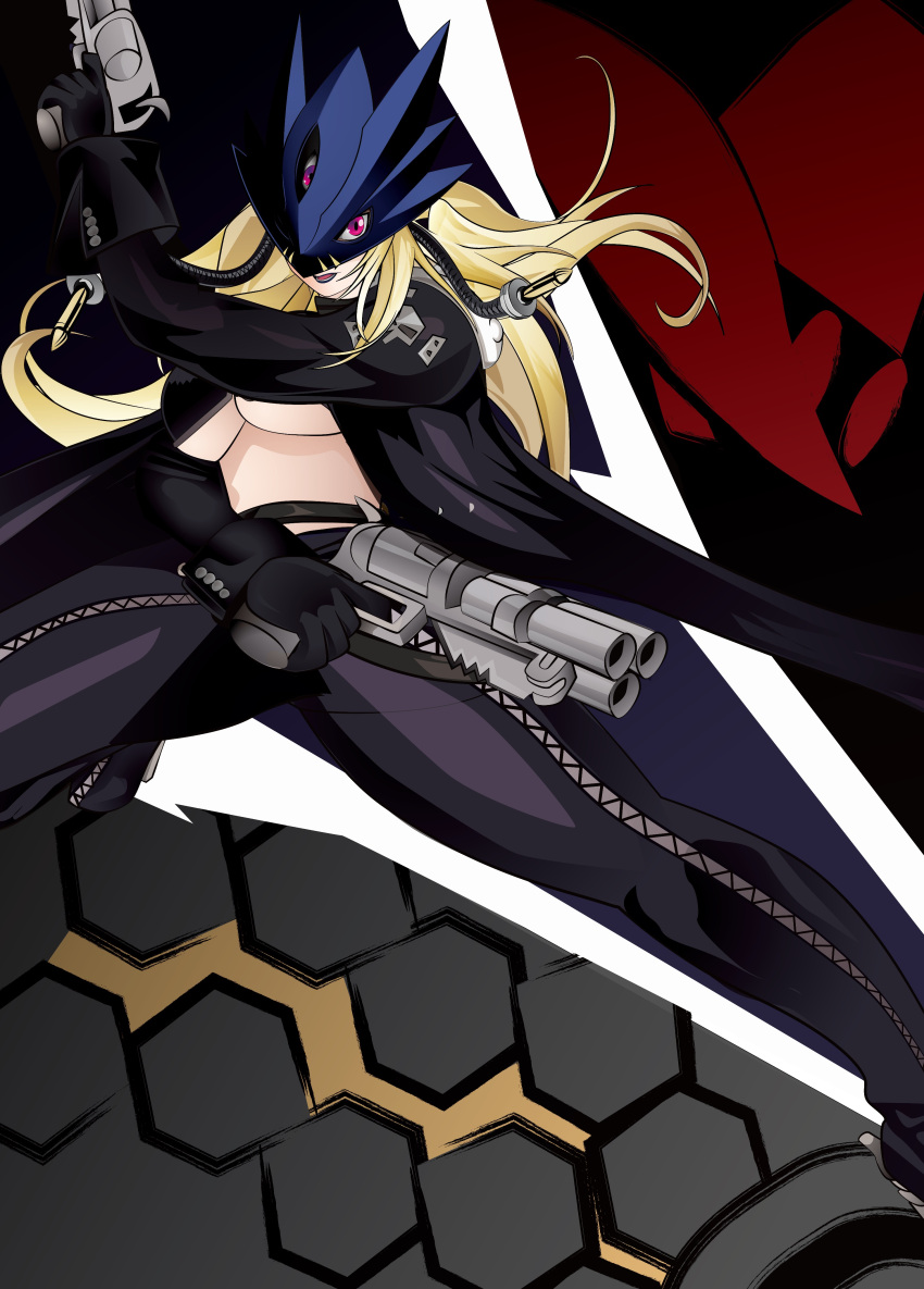 1girl absurdres ankle_gun bayonet beelstarmon belt black_gloves black_jacket black_lips black_mask black_pants black_scarf blonde_hair breasts commentary_request cropped_vest digimon digimon_(creature) dual_wielding eye_mask gloves gun gundramon highres holding holding_gun holding_weapon insignia jacket large_breasts leather leather_jacket leather_pants long_hair long_sleeves looking_at_viewer lower_teeth_only magnakidmon mask multiple_barrel_gun open_clothes open_jacket open_mouth pants pink_eyes red_eyes revolver scarf sidelocks smile solo stomach tai_(cheungsk1213) teeth third_eye tight_clothes tight_pants underboob very_long_hair vest weapon zipper
