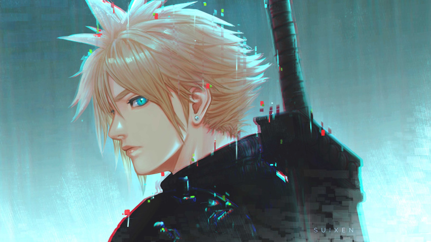 1boy absurdres armor blonde_hair blue_eyes buster_sword closed_mouth cloud_strife commentary earrings english_commentary final_fantasy final_fantasy_vii final_fantasy_vii_rebirth final_fantasy_vii_remake from_side highres huge_weapon jewelry lips male_focus portrait ribbed_sweater short_hair shoulder_armor solo spiked_hair stud_earrings suixen sweater sword sword_on_back turtleneck turtleneck_sweater upper_body weapon weapon_on_back