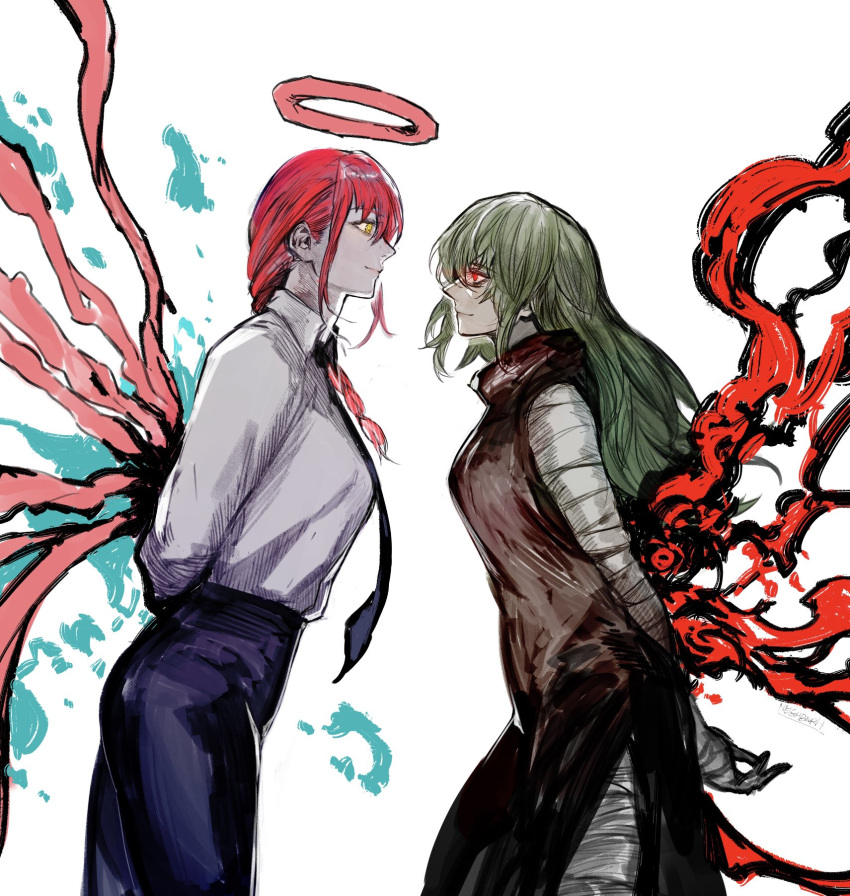 2girls arms_behind_back bandaged_arm bandaged_hand bandaged_leg bandages bangs black_necktie black_pants braid breasts brown_dress chainsaw_man closed_mouth dress eto_(tokyo_ghoul) eye_contact from_side green_hair grey_background grey_shirt halo highres kagune_(tokyo_ghoul) large_breasts long_hair long_sleeves looking_at_another multiple_girls necktie orange_eyes pants red_eyes red_hair shiny_hair shirt side_braid simple_background smile tokyo_ghoul yourfreakyneighbourh