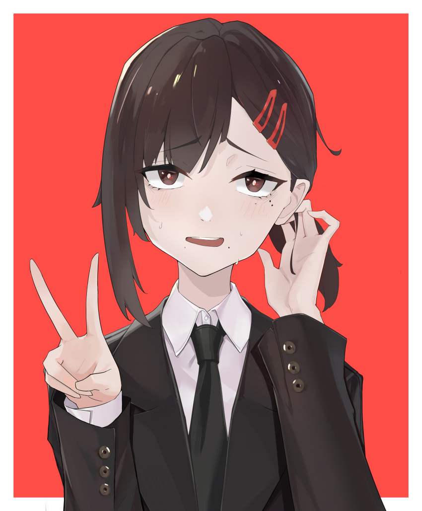 1girl absurdres black_jacket black_necktie blazer blush border bright_pupils brown_eyes brown_hair buttoned_cuffs chainsaw_man chinese_commentary collared_shirt commentary_request eyes_visible_through_hair forced_smile hair_behind_ear hair_flip hair_ornament hairclip hand_in_own_hair hands_up hanwen87579_(eez) higashiyama_kobeni highres jacket long_sleeves looking_at_viewer mole mole_under_eye multiple_moles necktie nervous_sweating open_mouth outside_border red_background shirt short_hair simple_background solo sweat teeth upper_teeth_only v white_border white_pupils white_shirt