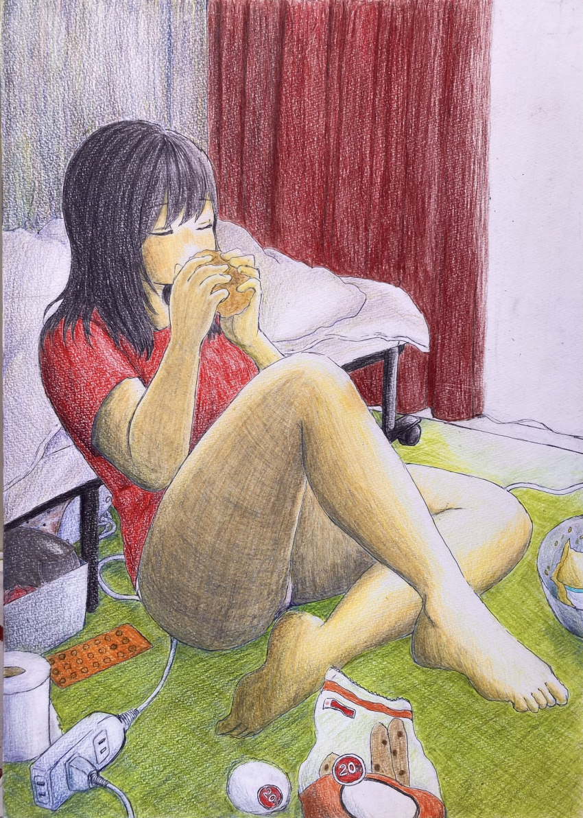 1girl barefoot bed black_hair closed_eyes colored_pencil_(medium) crosshatching curtains eating electric_plug electrical_outlet feet food hatching_(texture) highres holding holding_food indoors medium_hair no_pants null_444 on_floor original panties red_shirt shirt short_sleeves sitting solo thighs toilet_paper traditional_media underwear