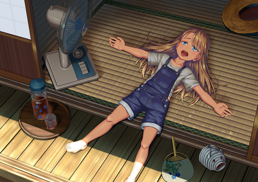 1girl barefoot blonde_hair blue_eyes blue_overalls bottle child collarbone commentary cup electric_fan grey_shirt hand_fan hat hot long_hair lying on_floor open_mouth original outstretched_arms overall_shorts overalls porcelain rural shigatsu_itsuka shirt short_sleeves shouji sliding_doors solo spread_arms straw_hat summer sweat swept_bangs tatami tongue tongue_out tray unworn_hat unworn_headwear veranda wooden_floor