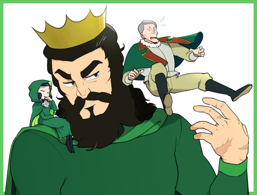 1girl 2boys aboutama beard black_footwear black_hair boots border bosse_(ousama_ranking) capelet cloak closed_eyes closed_mouth covering_own_mouth crown daida dress facial_hair flying_sweatdrops giant green_border green_capelet green_cloak green_dress green_shirt grey_hair hand_up happy hood hood_up hooded_cloak king laughing long_sleeves looking_at_another medium_hair miranjo multiple_boys multiple_scars mustache ousama_ranking outside_border scar scar_on_hand shirt short_hair sideways_glance simple_background sitting sitting_on_shoulder smile smirk surprised white_background